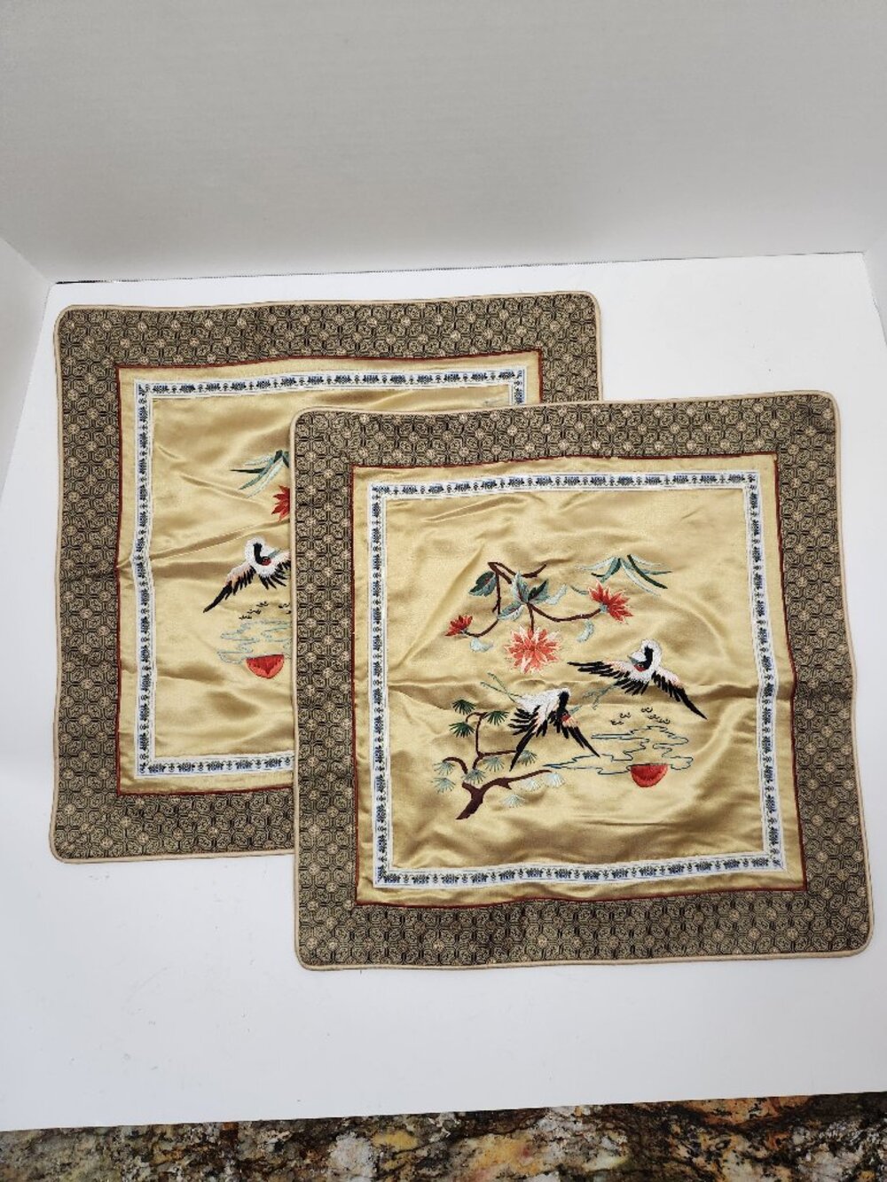 Vintage Chinese Hand Embroidered Silk Cushion Covers Set of 2 15x15 Pillow Sham
